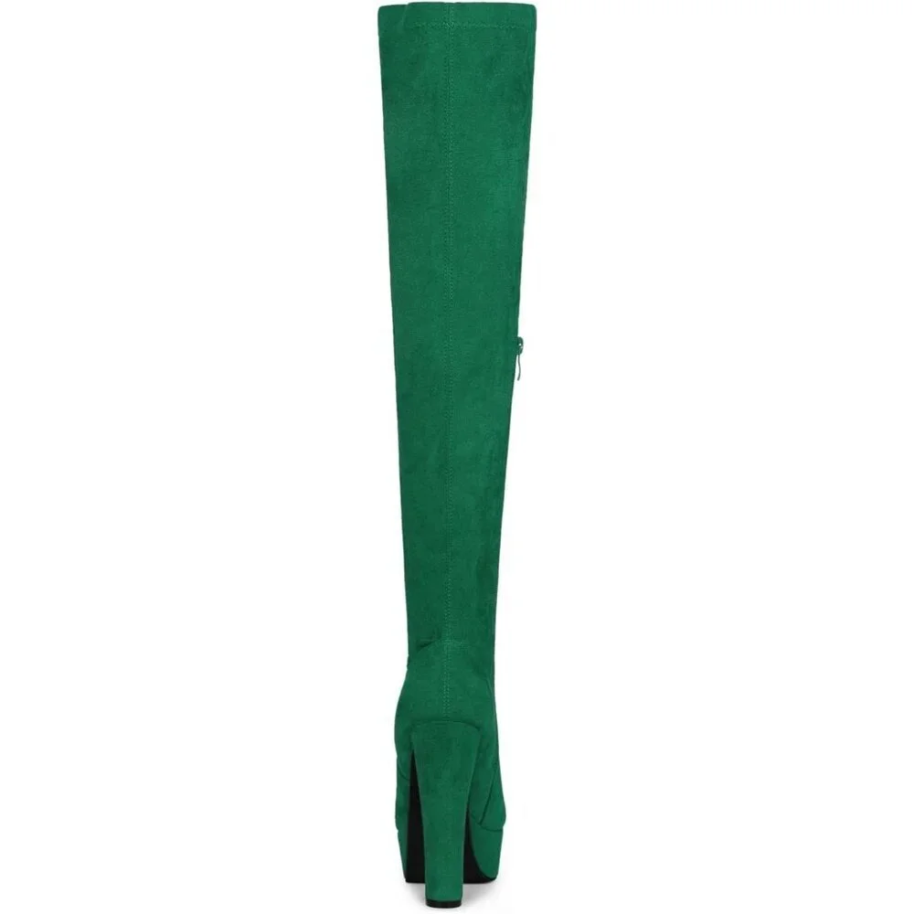 Women Green Suede Chunky Heel Rounded Toe Over the Knee Thigh High Boots